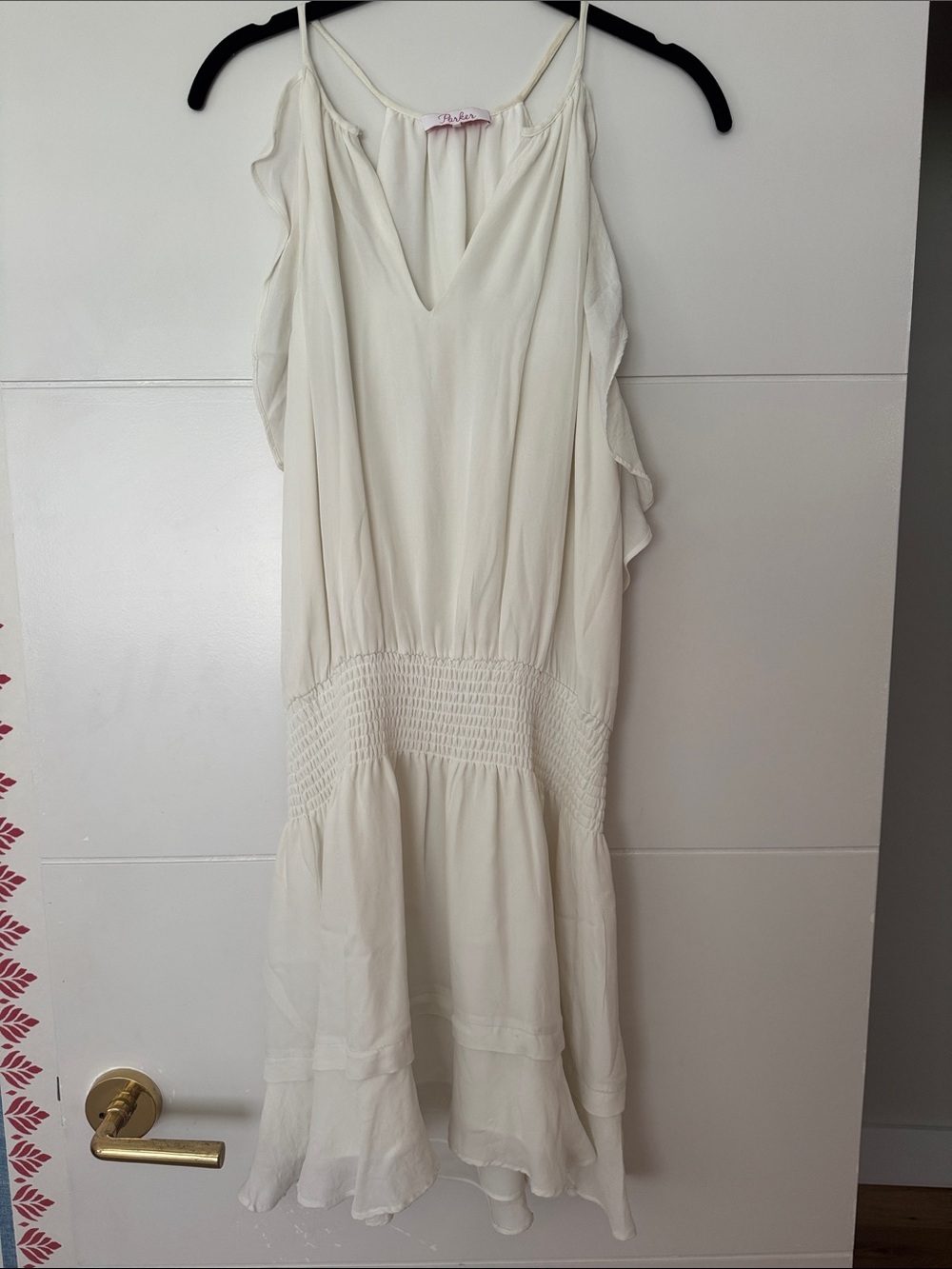 Parker silk cream Sleeveless V-Neck Smocked Waist miniDress